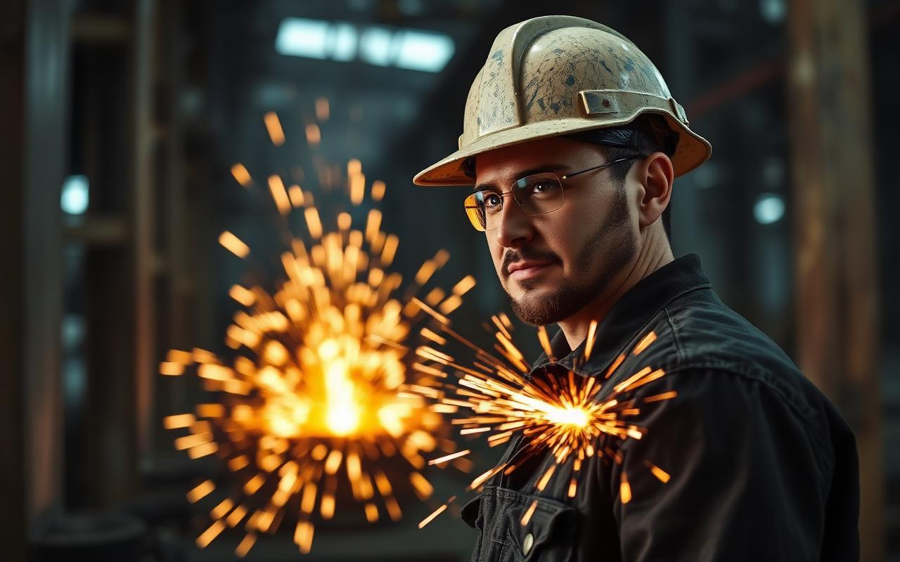 American factory worker with sparks