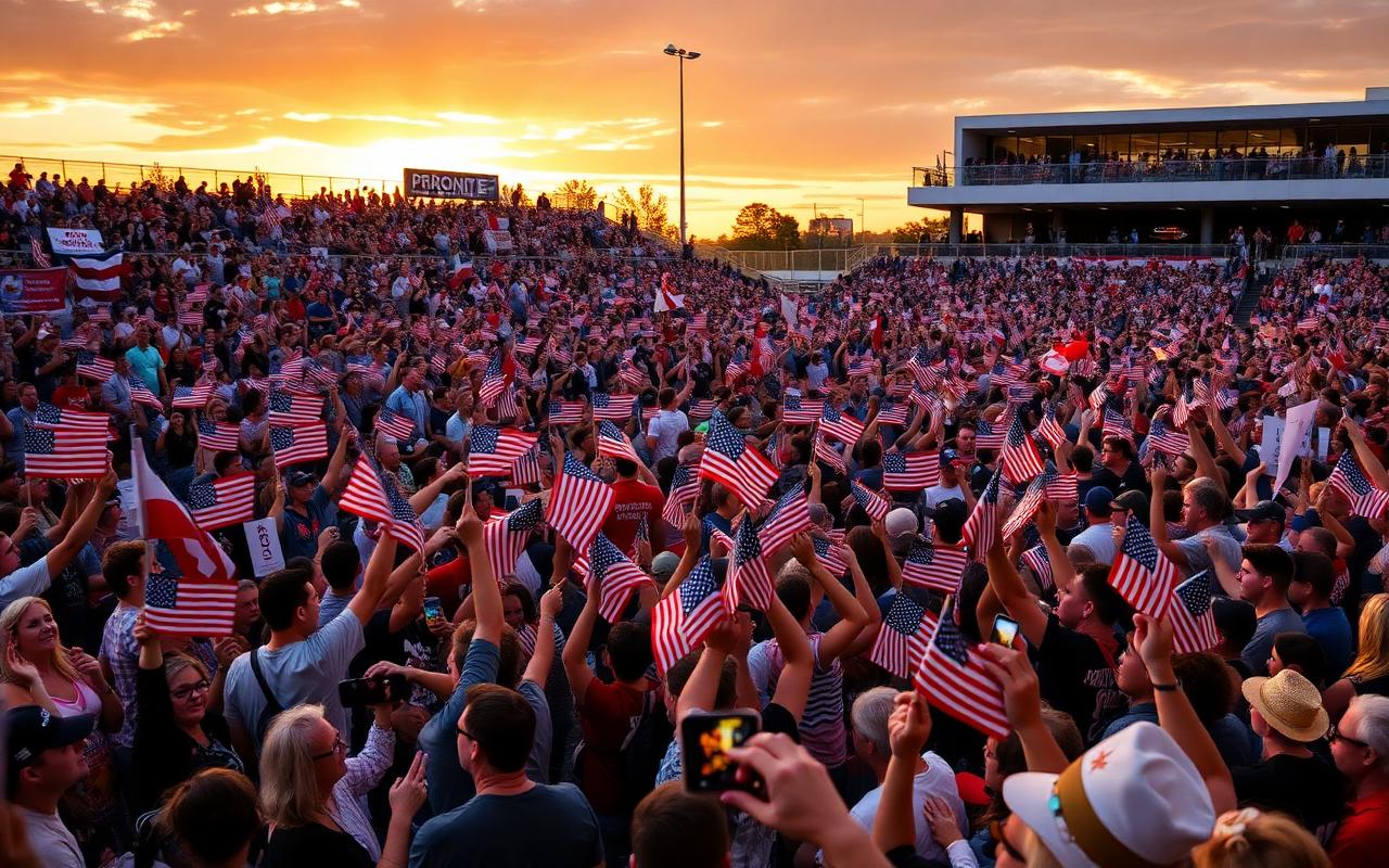 MAGA rally crowd waving American flags